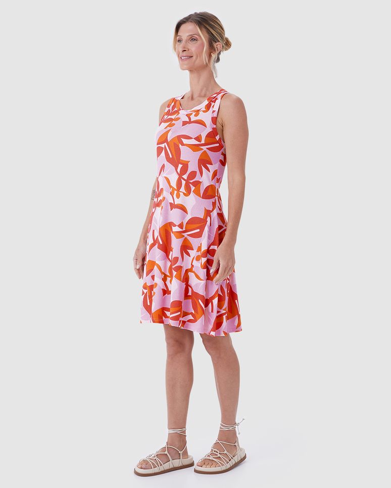 Vestido Feminino Evasê Sem Manga Estampa Folhagem Em Malha Viscose Canelada