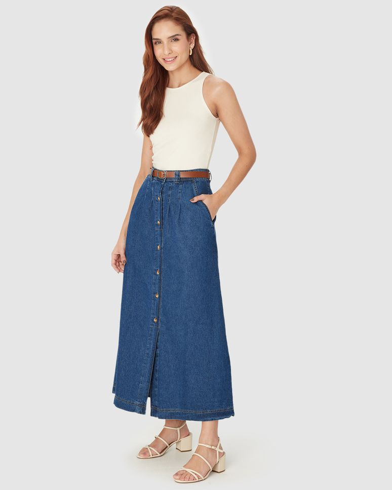 Saia Midi Feminina Evasê Abotoamento Frontal E Cinto Em Jeans Leve