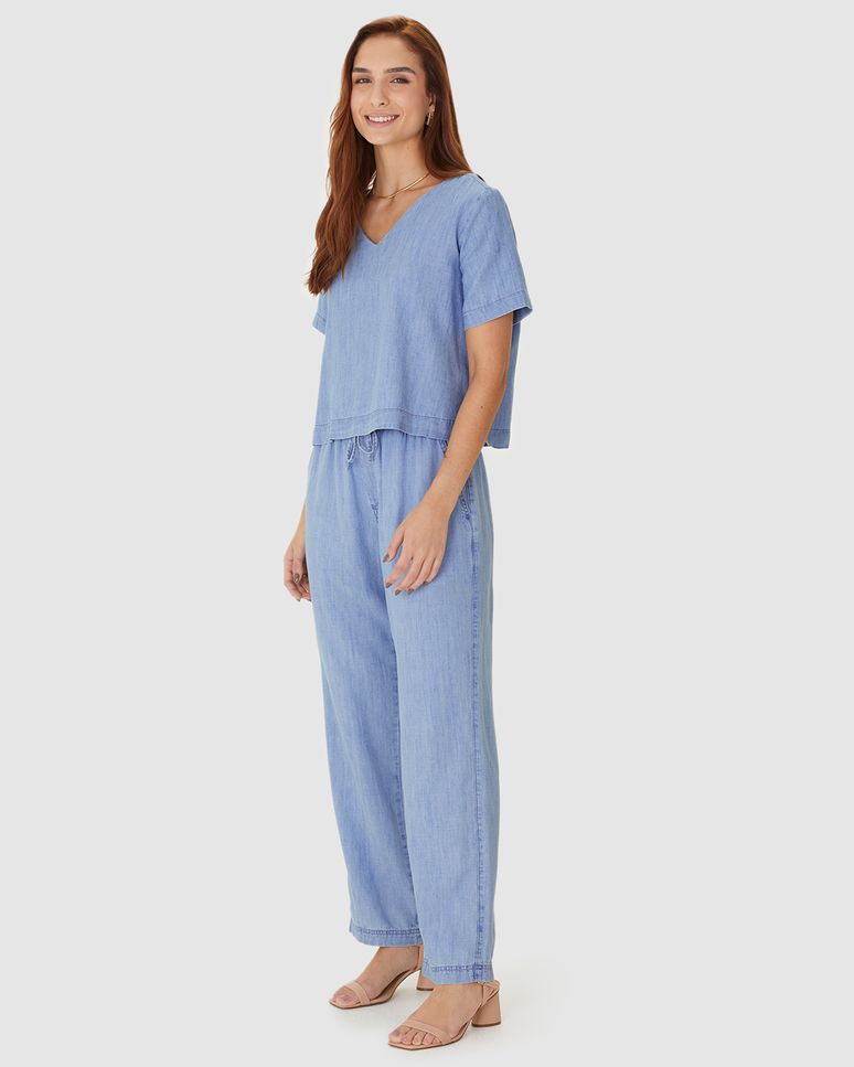 Blusa Box Feminina Decote V Manga Curta Em Jeans Leve