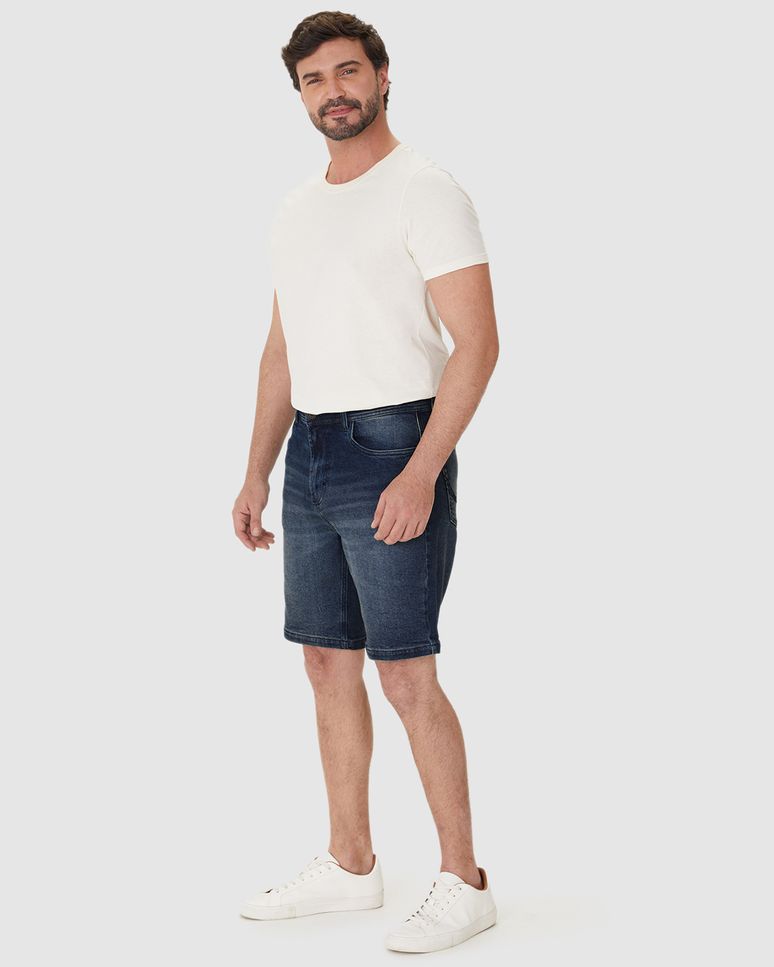 Bermuda Masculina Slim Bolso Funcional Em Jeans Com Elastano