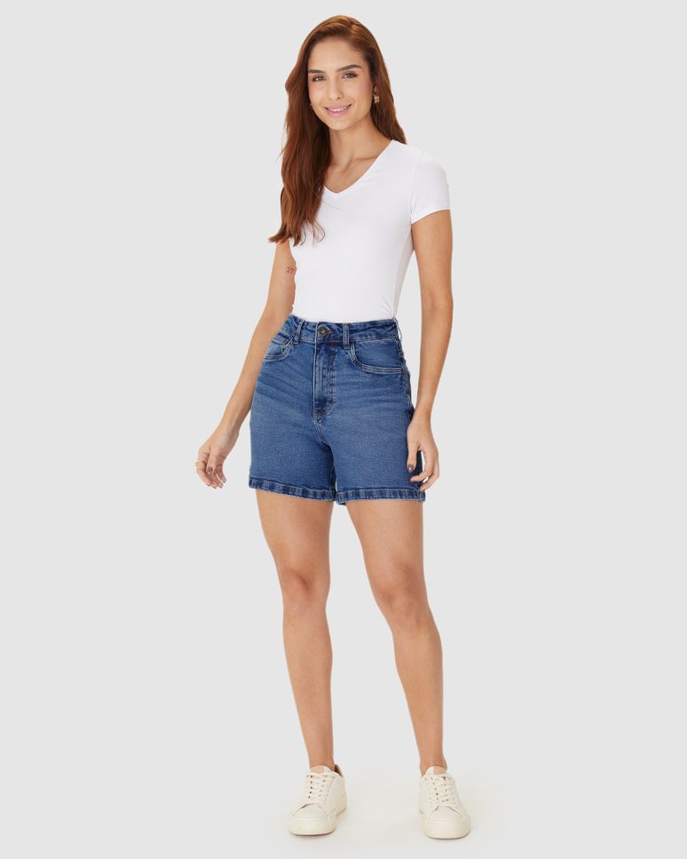 Bermuda Feminina Mom Cintura Alta Em Jeans Com Elastano