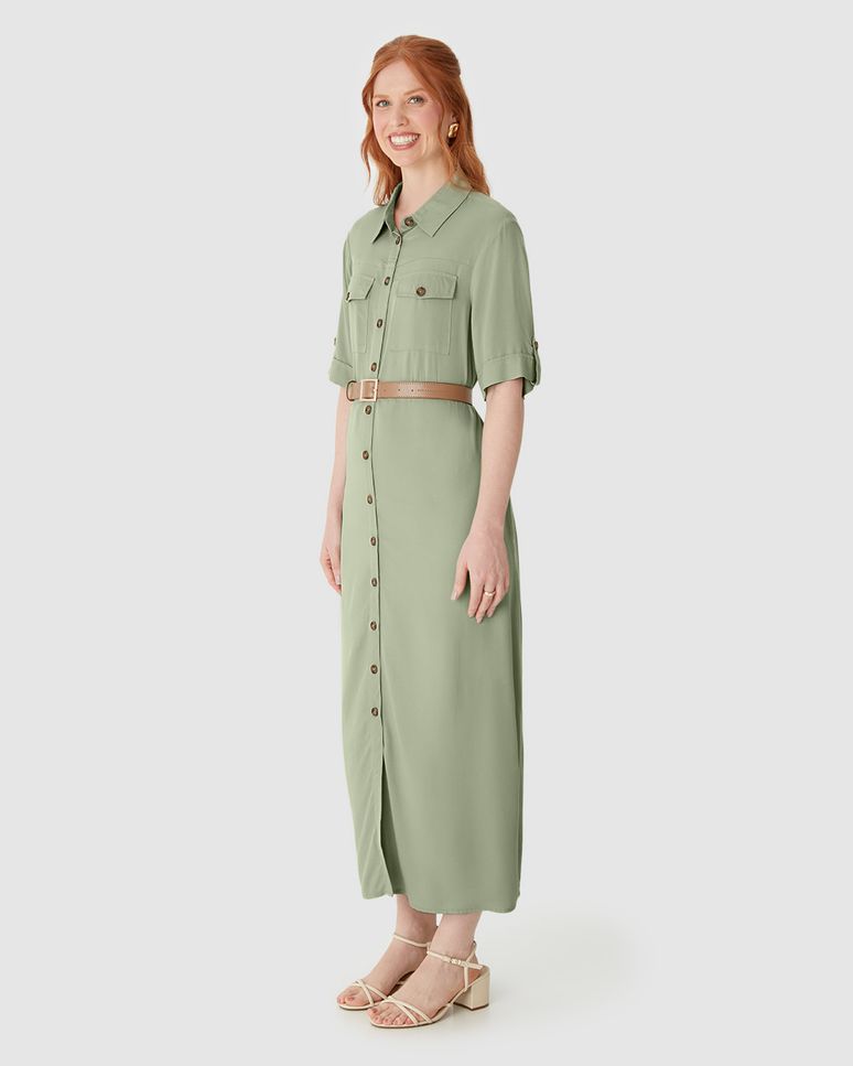 Vestido Midi Feminino Chemise Acompanha Cinto Em Viscose Sarjada