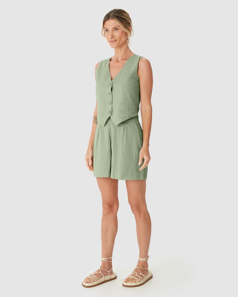 Colete Feminino Cropped Detalhe Bordado Em Laise Algodão