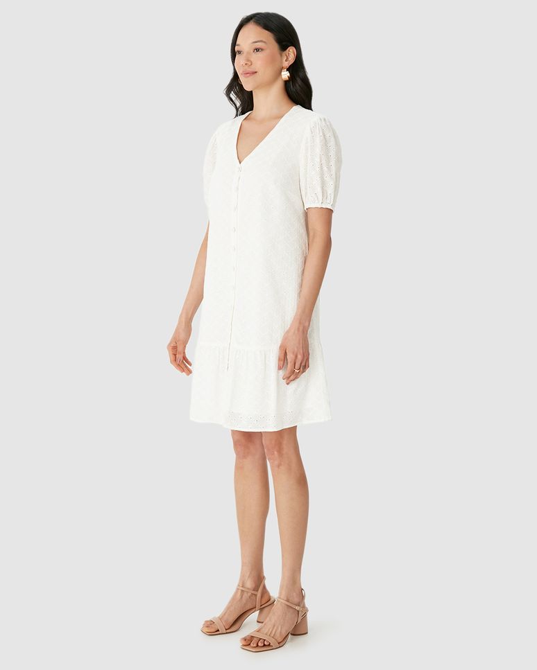 Vestido Feminino Decote V Abotoamento Frontal Em Laise Algodão