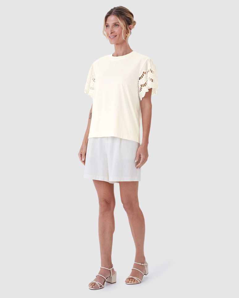 Blusa Ampla Feminina Manga Detalhe Vazado Em Algodão