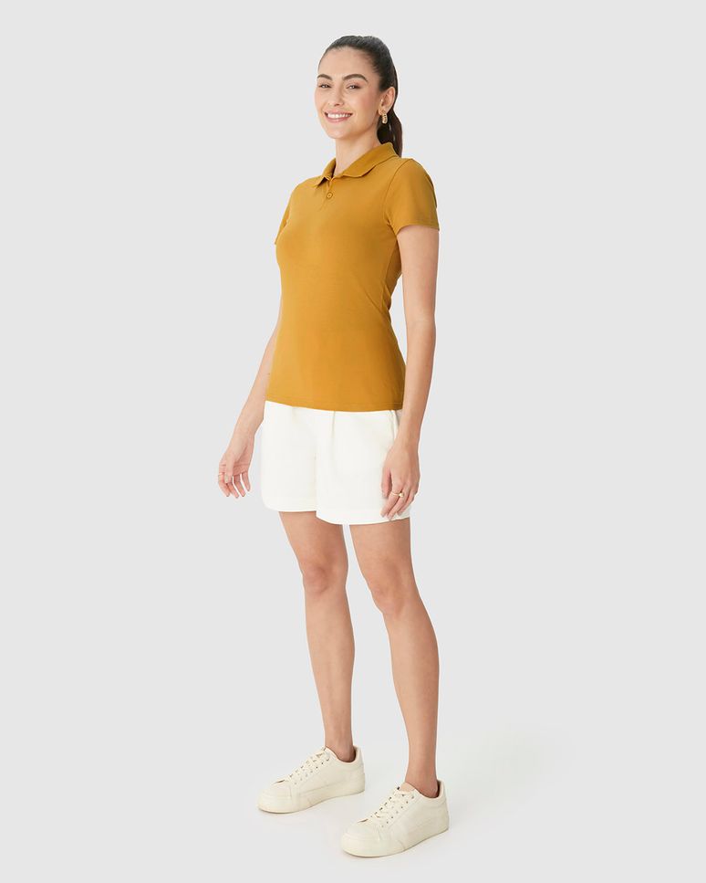 Blusa Polo Básica Feminina Com Peitilho Em Piquet Stretch