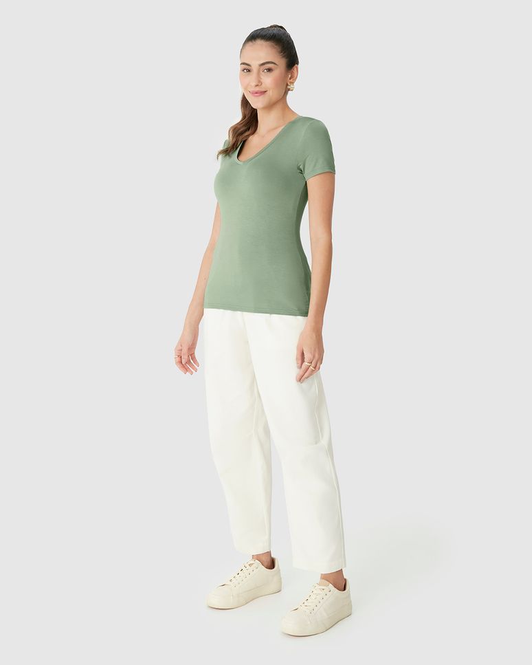 Blusa Básica Feminina Decote V Em Viscose Stretch