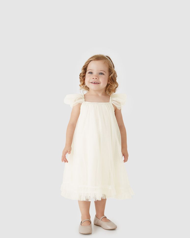 Vestido Menina Evasê Decote Reto E Alças Em Tule - Carinhoso