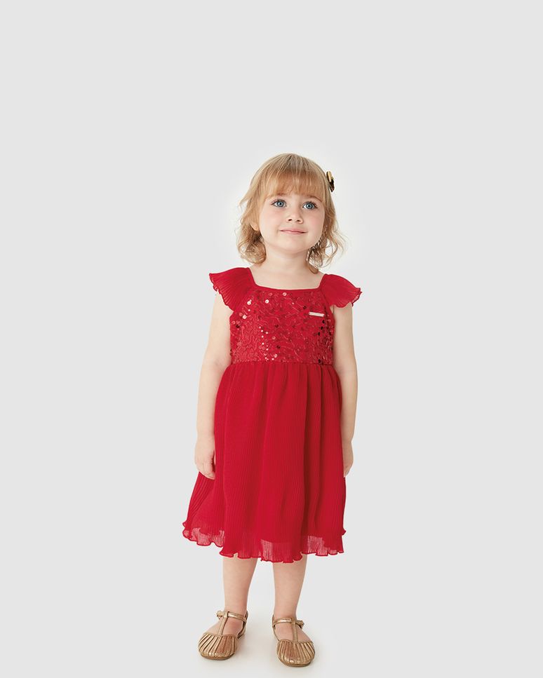 Vestido Menina Evasê Detalhe Lantejoulas Em Chiffon Plissado - Carinhoso
