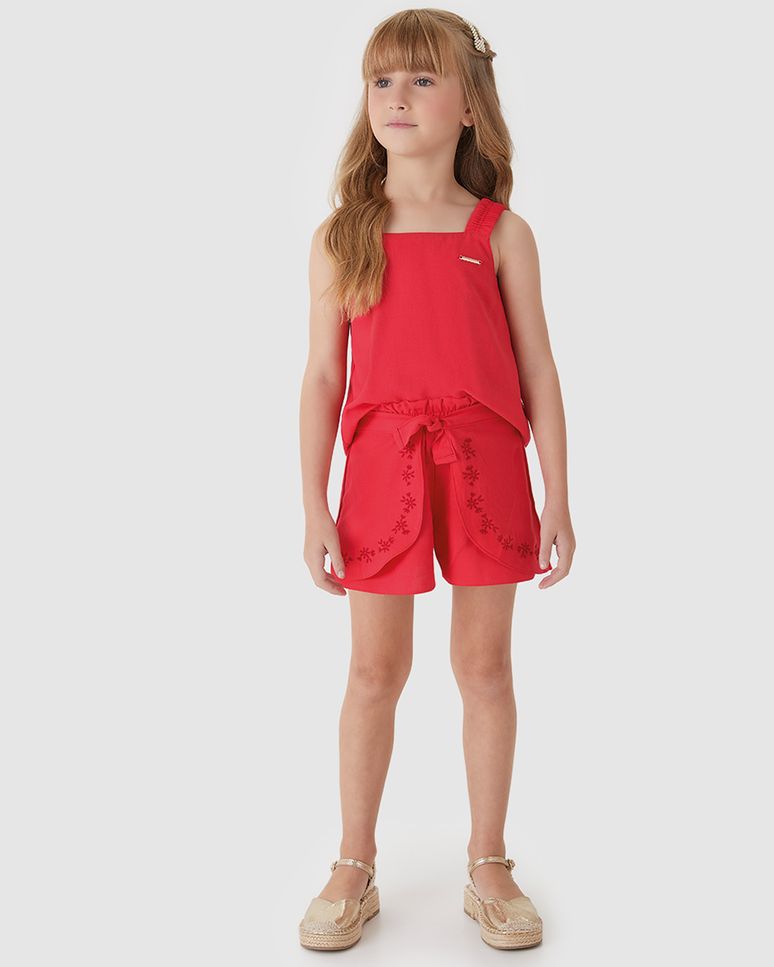 Conjunto Menina Shorts Detalhe Bordado Em Viscolinho Texturizado - Carinhoso