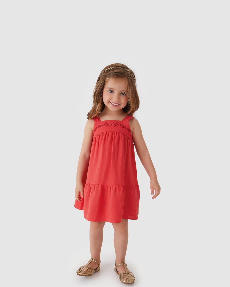 Vestido Menina Amplo Com Bordado Floral Em Viscolinho Texturizado - Carinhoso