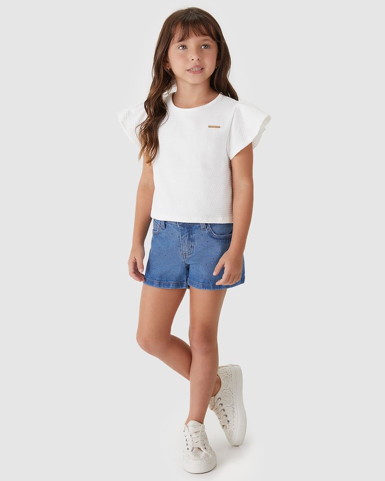Shorts Menina Comfort Aplique Strass Em Jeans Com Elastano - Carinhoso