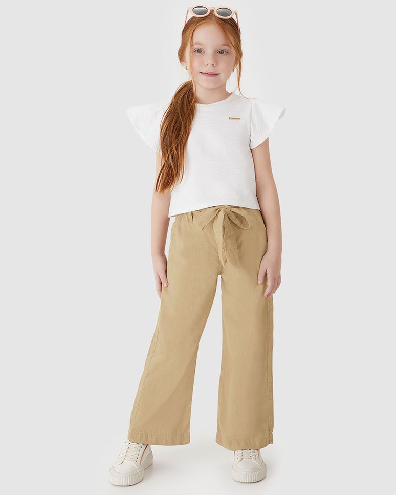 Calça Menina Wide Leg Amarração Na Cintura Em Sarja Stretch - Carinhoso