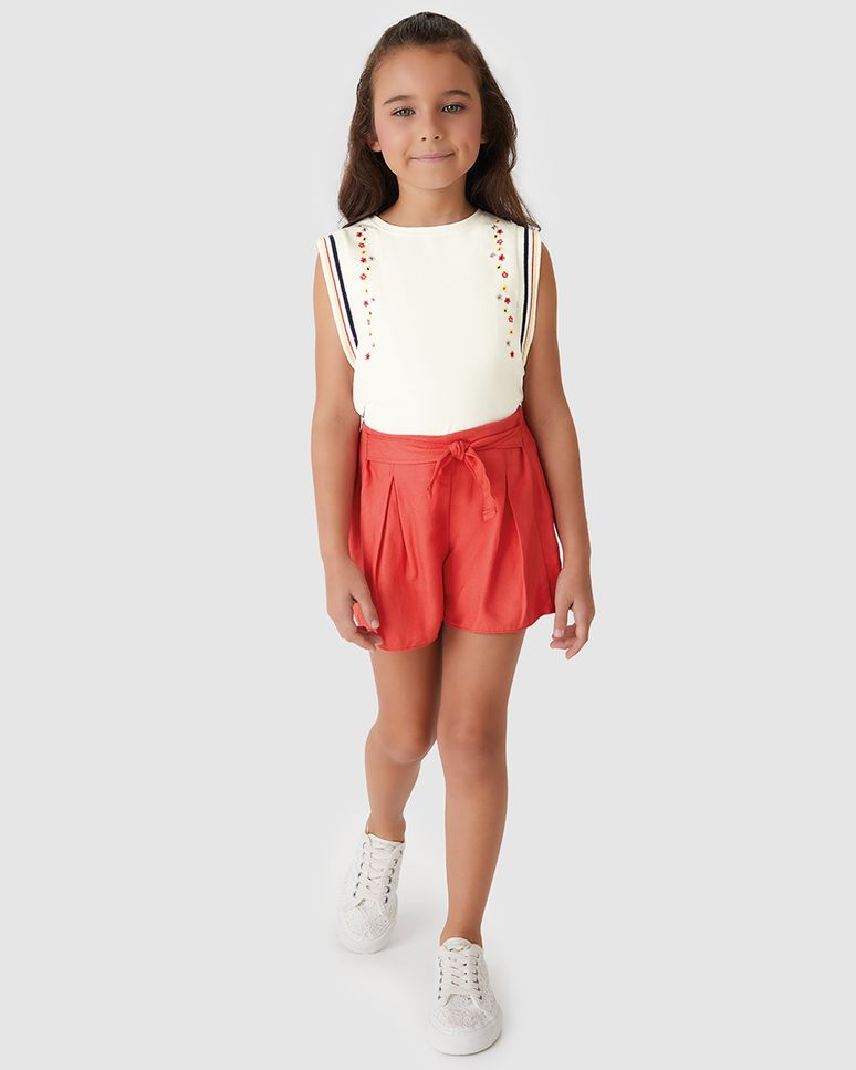 Conjunto Menina Shorts Detalhe Faixa Frontal Em Crepe De Viscose - Carinhoso