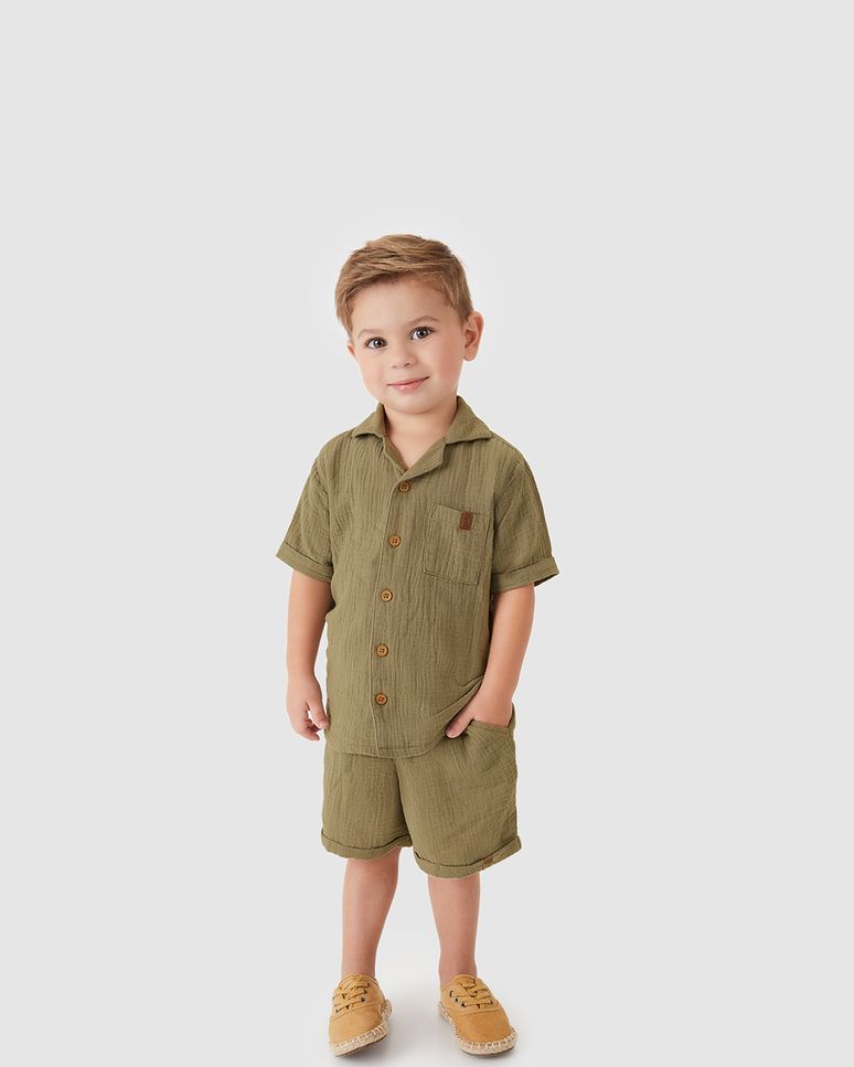 Conjunto Menino Camisa Bolso Frontal E Bermuda Tecido Com Textura - Carinhoso