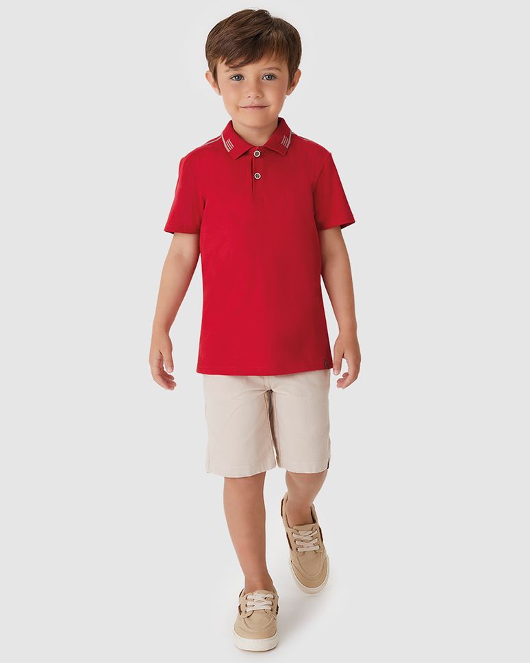 Conjunto Menino Camisa Polo Detalhe Gola E Bermuda Em Sarja - Carinhoso