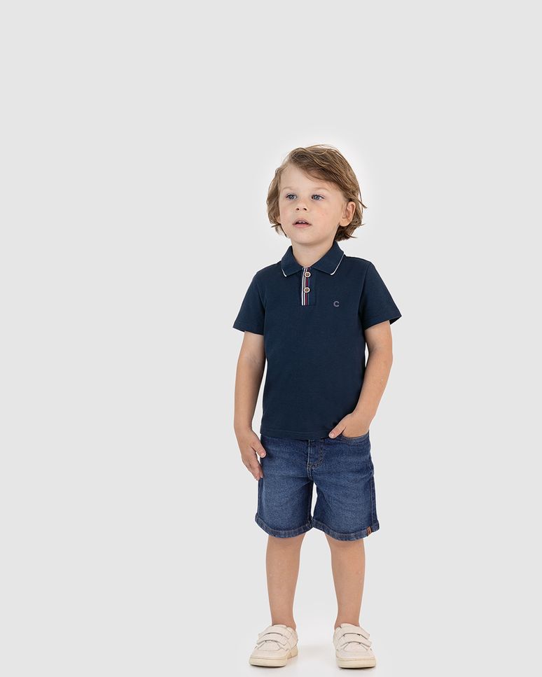 Conjunto Menino Camisa Polo E Bermuda Cós Ajustável Em Jeans Stretch - Carinhoso