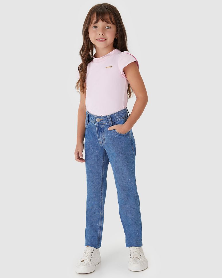 Calça Menina Reta Aplicação Strass Em Jeans Com Elastano - Carinhoso