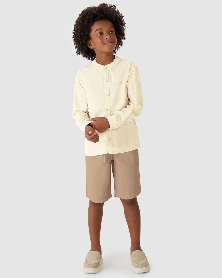 Conjunto Menino Camisa Manga Longa E Bermuda Em Tricoline - Carinhoso