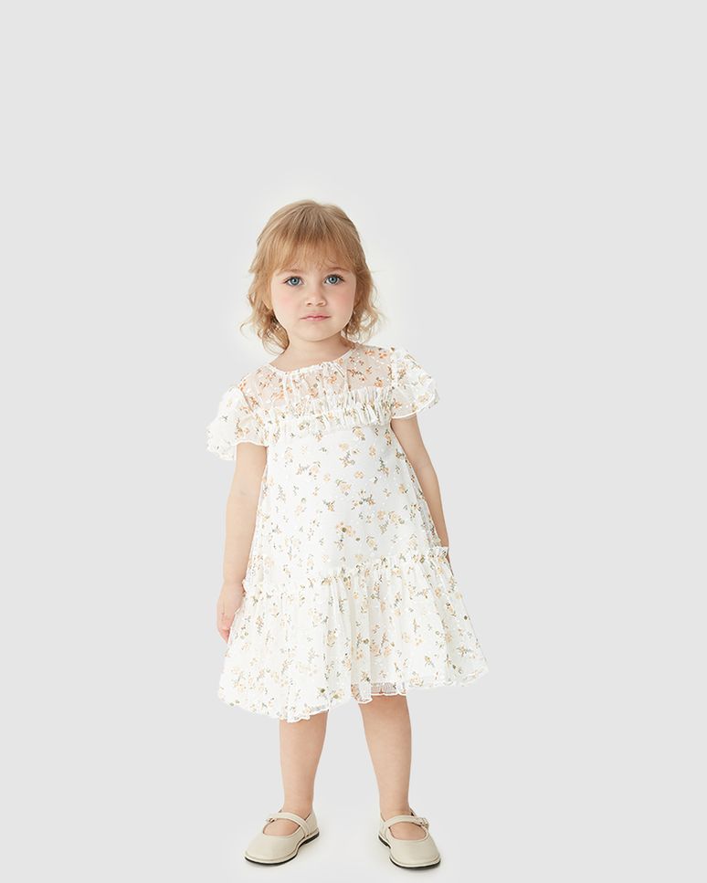 Vestido Menina Evasê Fecho Zíper Costas Em Tule Floral - Carinhoso