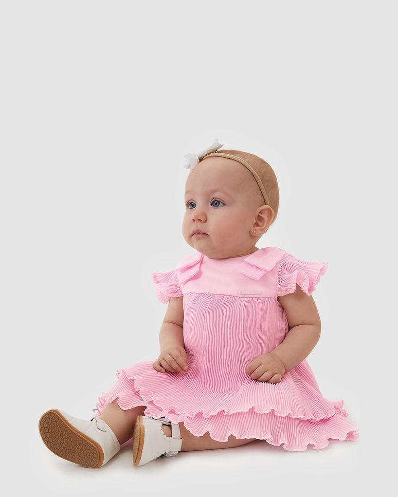Conjunto Bebê Menina Vestido Crepe Plissado + Calcinha Tricoline - Carinhoso