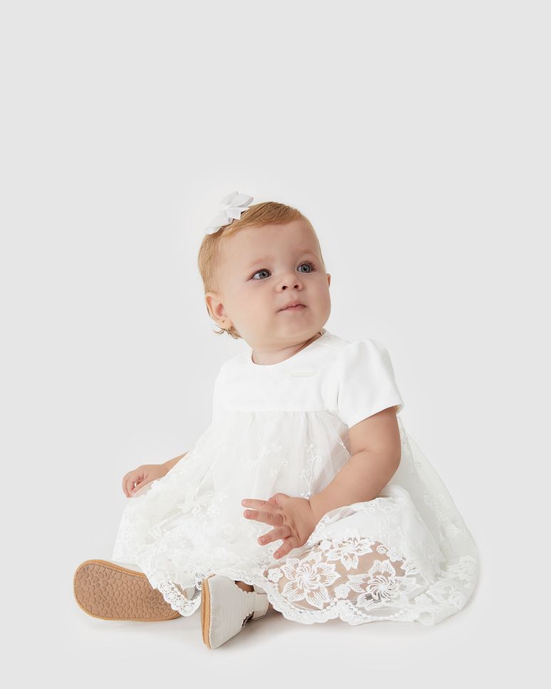 Conjunto Bebê Menina Vestido Tule Bordado + Calcinha Tricoline - Carinhoso