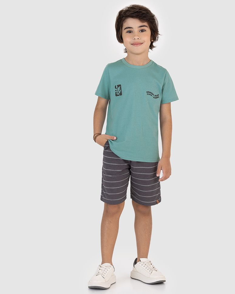 Conjunto Menino Camiseta E Bermuda Malha Texturizada Listrada - Carinhoso