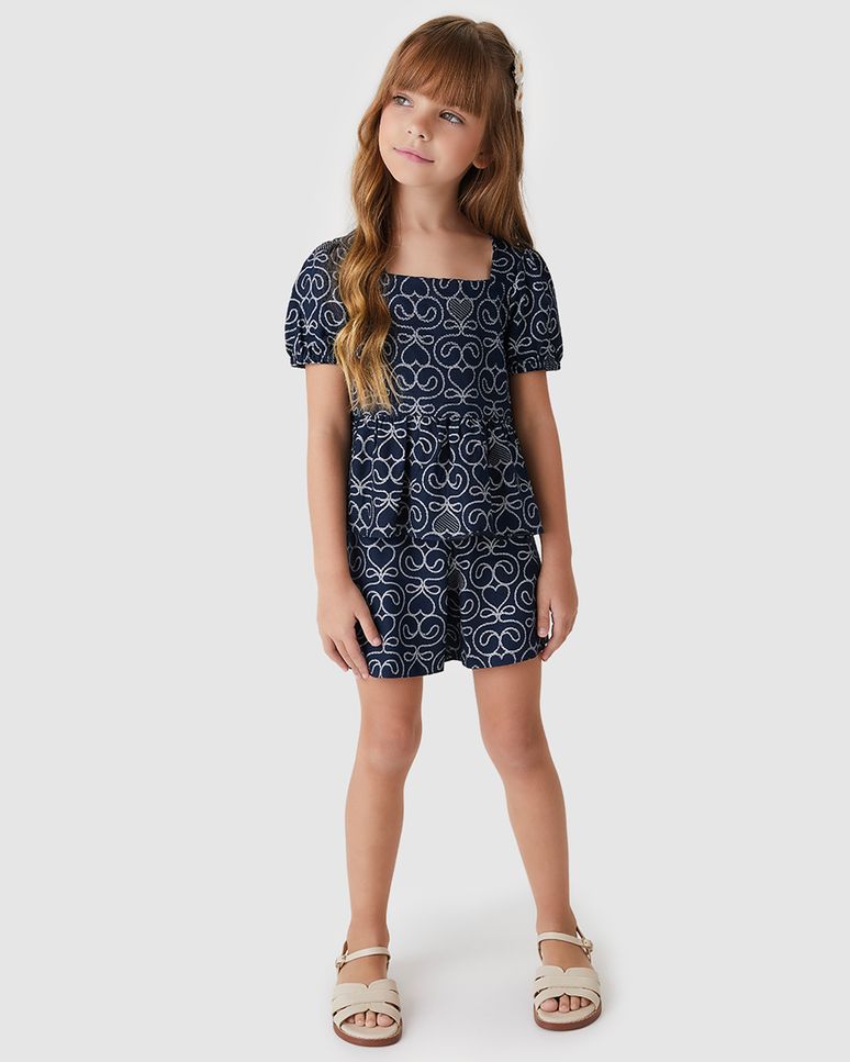 Conjunto Menina Blusa E Shorts Estampa Corações Em Crepe Viscose - Carinhoso