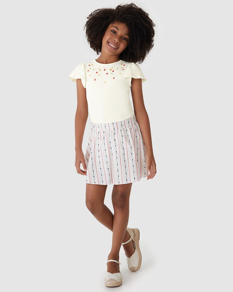 Conjunto Menina Blusa Com Bordado Manga Franzida Em Algodão - Carinhoso