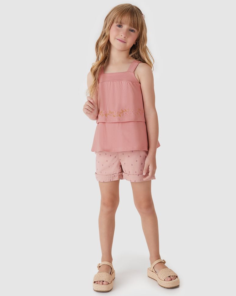 Conjunto Menina Regata Com Bordado E Shorts Estampa Poá - Carinhoso