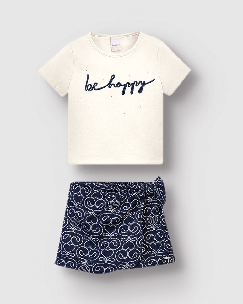 Conjunto Menina Blusa Be Happy E Shorts Saia Estampado - Carinhoso