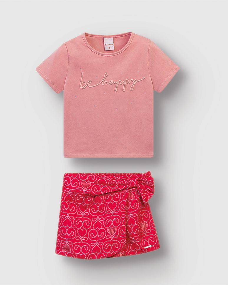 Conjunto Menina Blusa Be Happy E Shorts Saia Estampado - Carinhoso