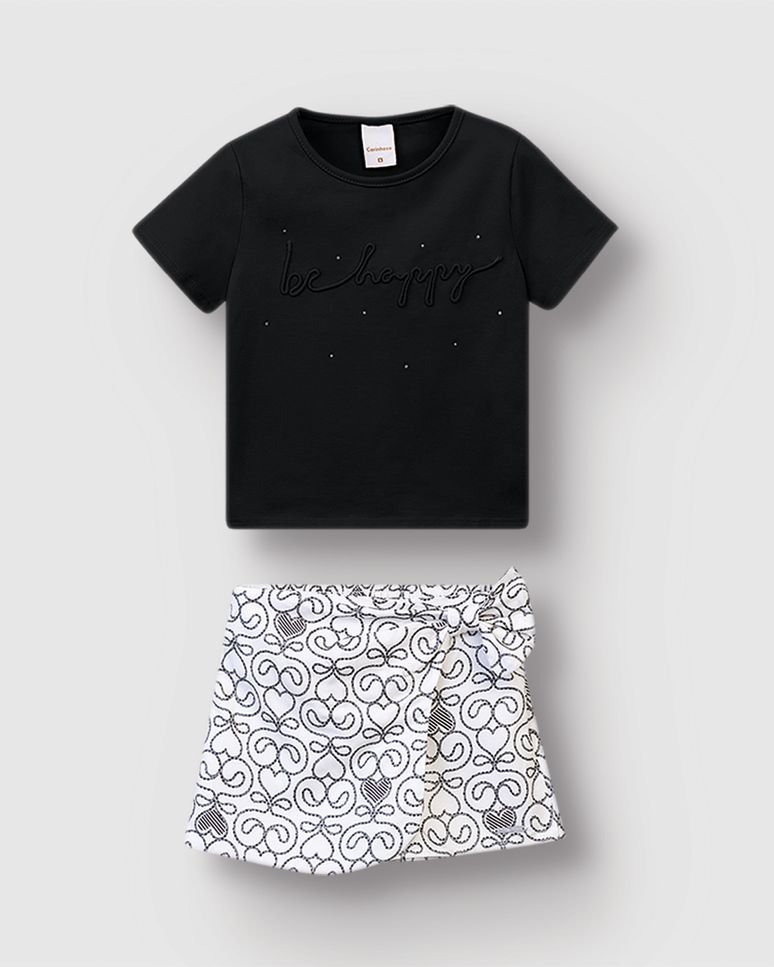 Conjunto Menina Blusa Be Happy E Shorts Saia Estampado - Carinhoso
