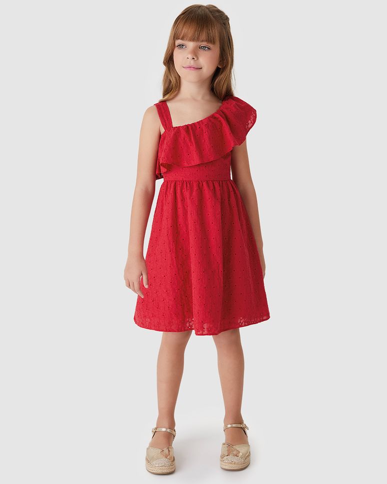 Vestido Menina Acinturado Alça E Babado Em Tecido Bordado - Carinhoso