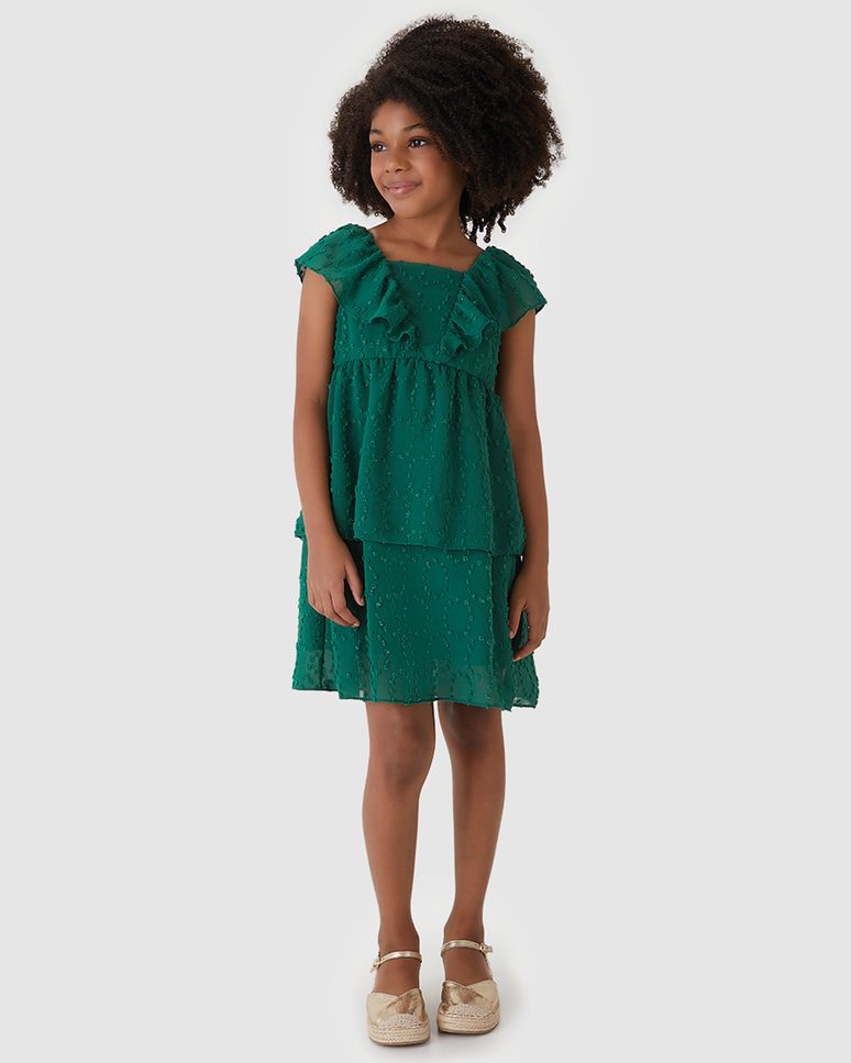 Vestido Menina Camadas Sobreposição Mangas Em Plumetis Brilho - Carinhoso