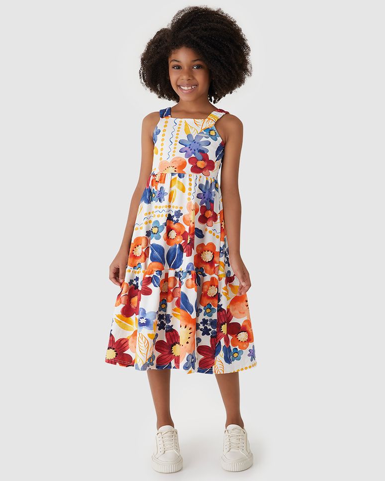 Vestido Menina Midi Estampa Digital Floral Em Algodão - Carinhoso