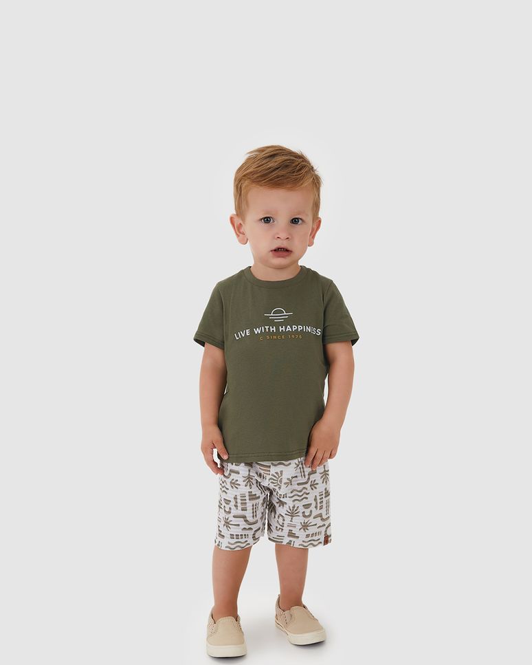Conjunto Menino Bermuda Estampada Em Moletinho Listrado Linho - Carinhoso
