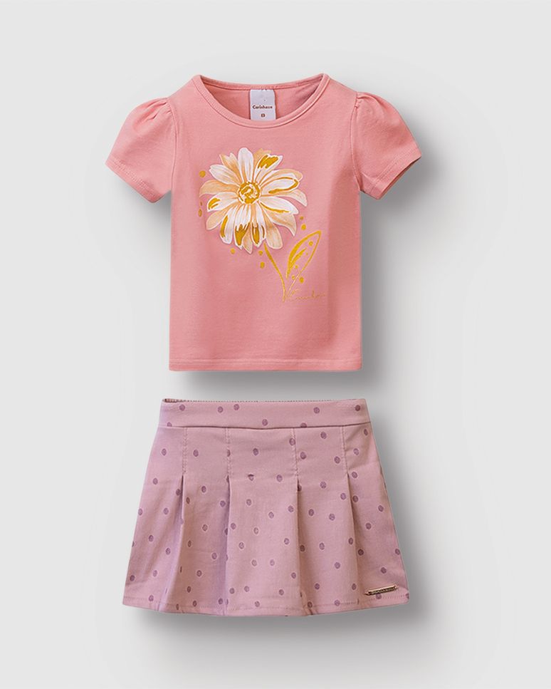 Conjunto Menina Blusa E Saia Estampa Poá Em Bengaline - Carinhoso