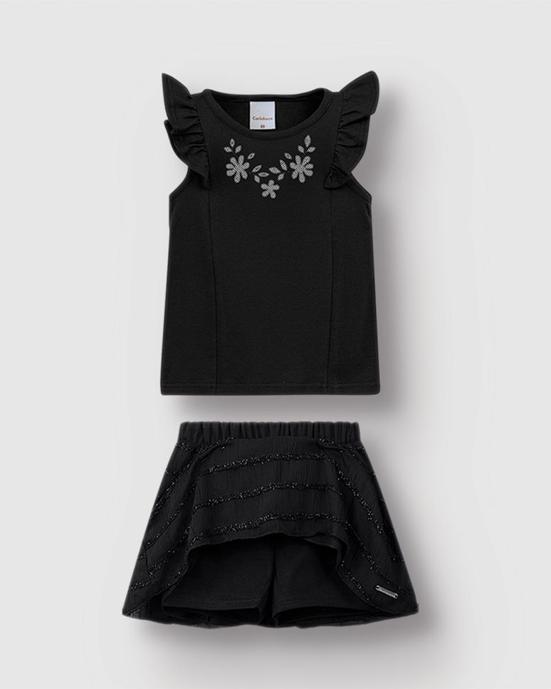 Conjunto Menina Blusa E Saia Em Tecido Listrado Brilho - Carinhoso