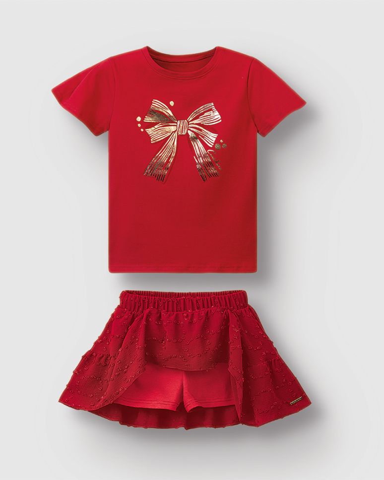 Conjunto Menina Blusa E Saia Em Algodão E Plumetis Brilho - Carinhoso