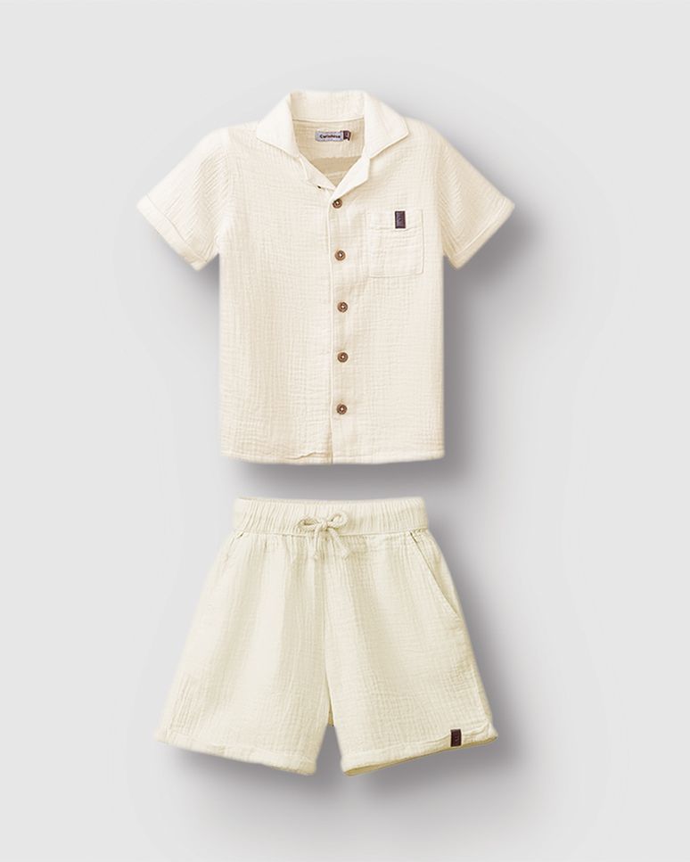 Conjunto Menino Camisa Bolso Frontal E Bermuda Tecido Com Textura - Carinhoso