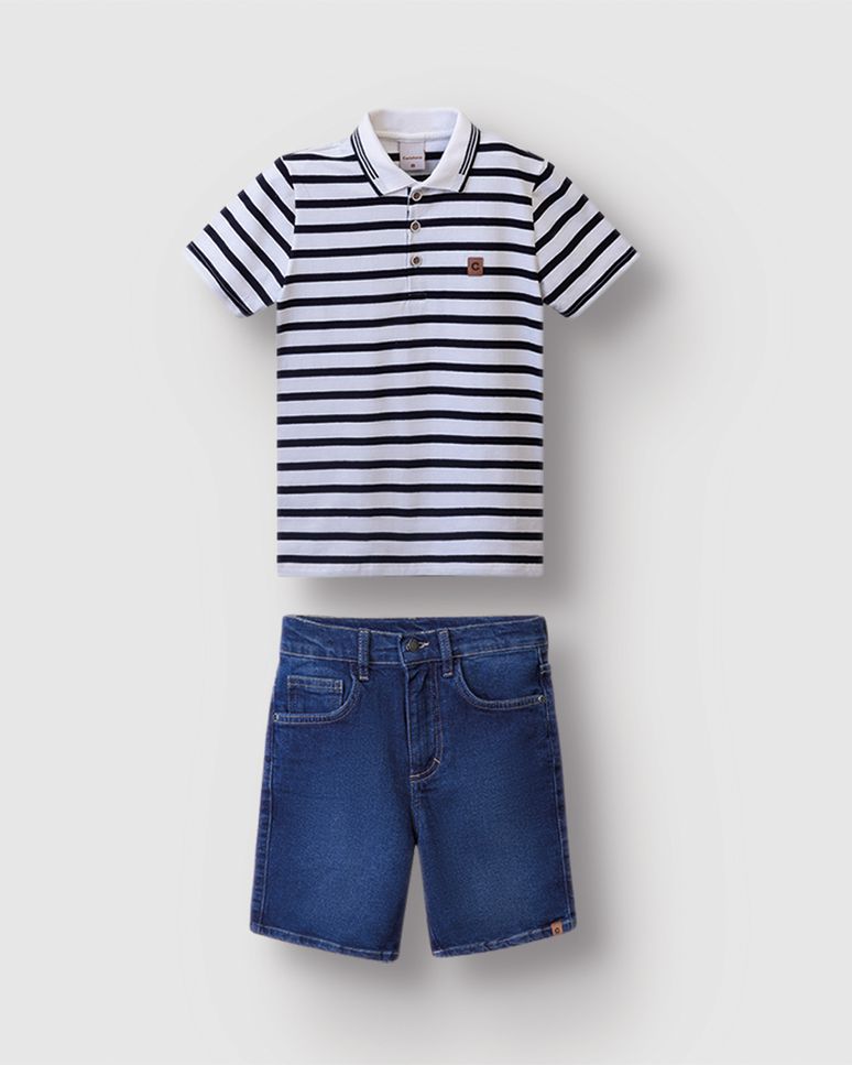 Conjunto Menino Camisa Polo Listrada Em Algodão - Carinhoso