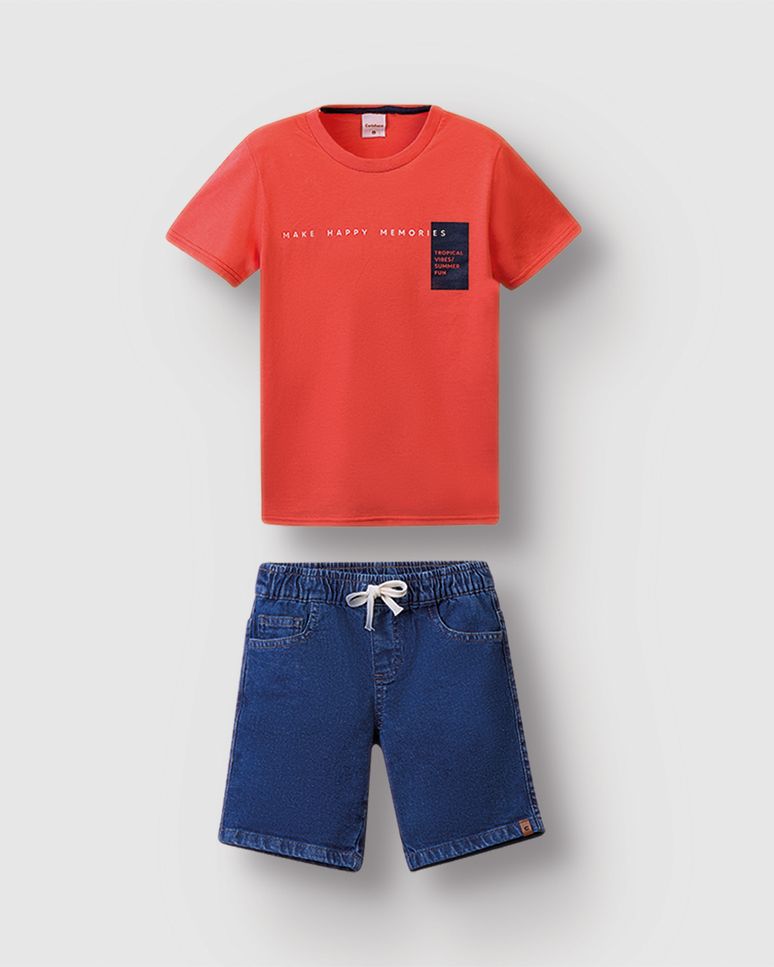 Conjunto Menino Camiseta Estampa Efeito HD E Bermuda Em Jeans - Carinhoso
