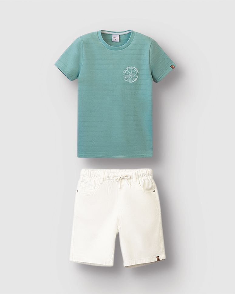 Conjunto Menino Camiseta Bordado Frontal Malha Linho Texturizada - Carinhoso