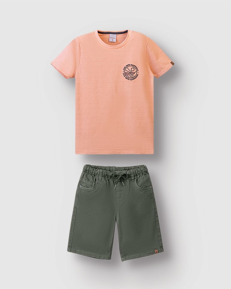 Conjunto Menino Camiseta Bordado Frontal Malha Linho Texturizada - Carinhoso