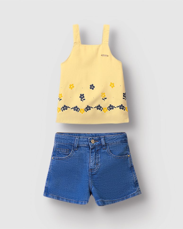 Conjunto Menina Blusa Estampa Puff Com Strass Em Crepe E Jeans - Carinhoso