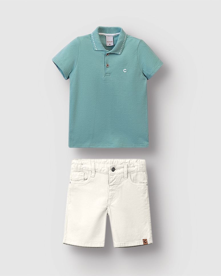 Conjunto Menino Camisa Polo Peitilho E Bordado Frontal Em Algodão - Carinhoso