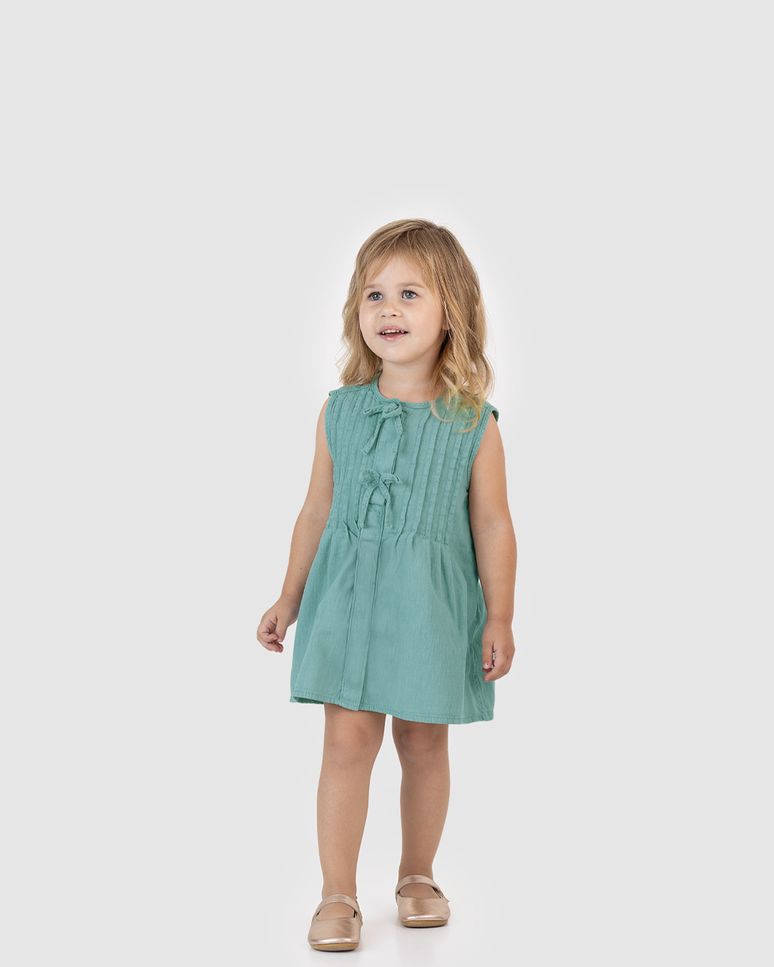 Vestido Menina Evasê Detalhe Laços Frontais Em Jeans Leve - Carinhoso