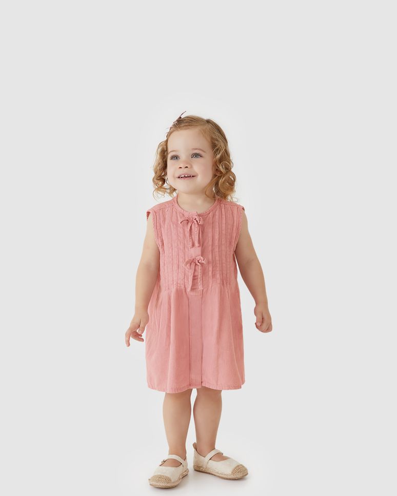 Vestido Menina Evasê Detalhe Laços Frontais Em Jeans Leve - Carinhoso