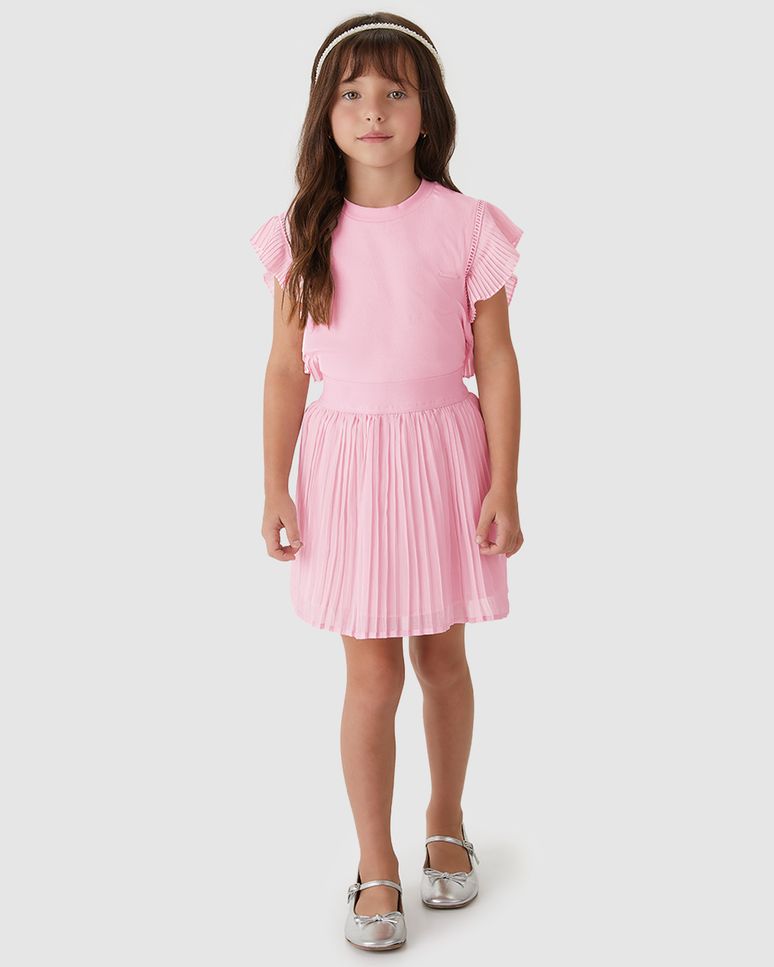 Conjunto Menina Blusa Malha Algodão E Saia Plissada Em Chiffon - Carinhoso